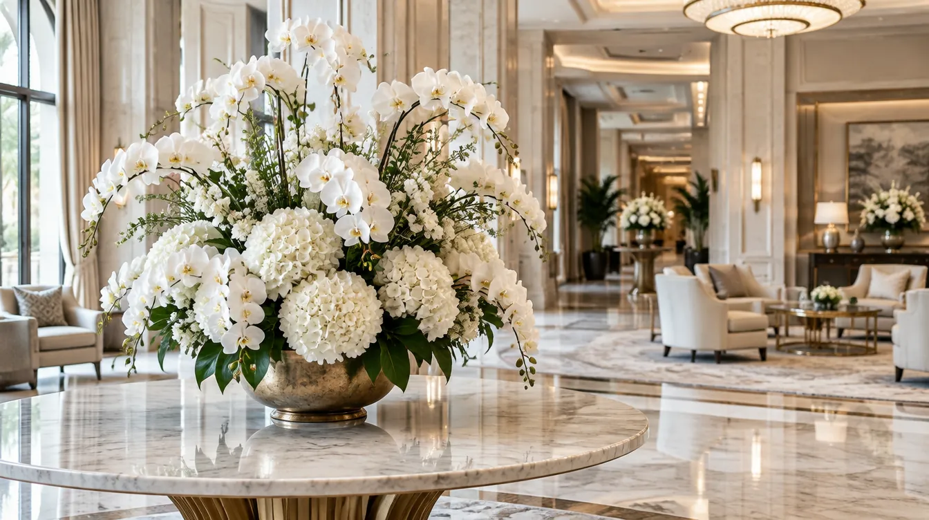 Hotel lobby with a grand fresh flower arrangement