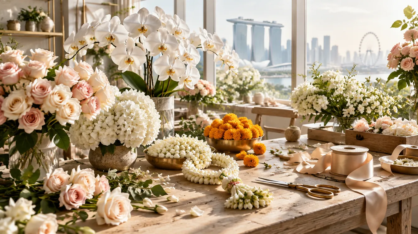 Fresh roses, orchids, hydrangea, jasmine and marigold on the Alangkaar Floral studio bench