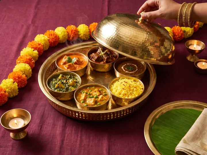 Gold dome sharing tray with four curries, rice and marigolds