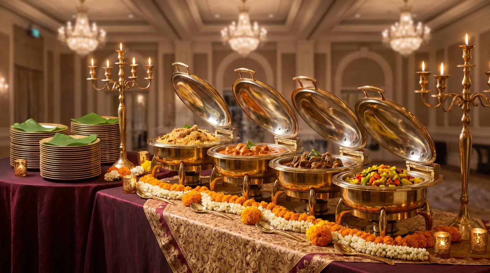 Gold buffet stations dressed in maroon and marigold in a Singapore ballroom