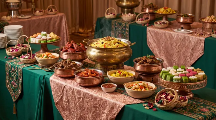 Malay wedding buffet in emerald and gold with kuih