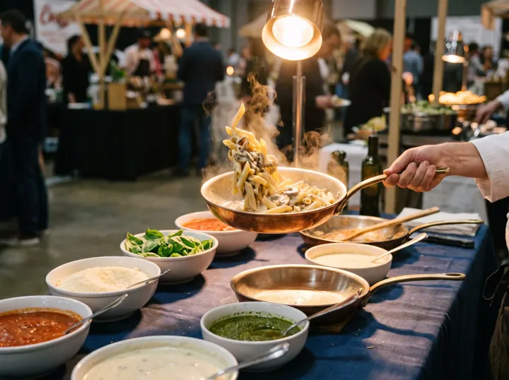 Chef cooking at a live station in front of guests