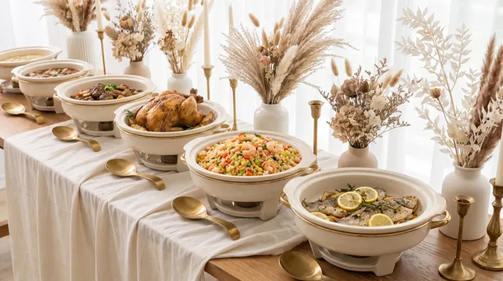 Western buffet in ivory and gold with pampas styling