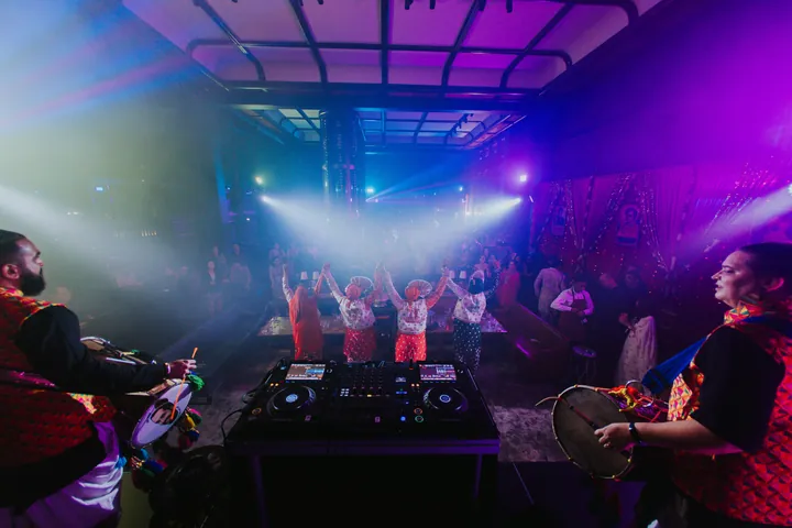Diwali 2025: The DJ booth facing the dancers and the dhol
