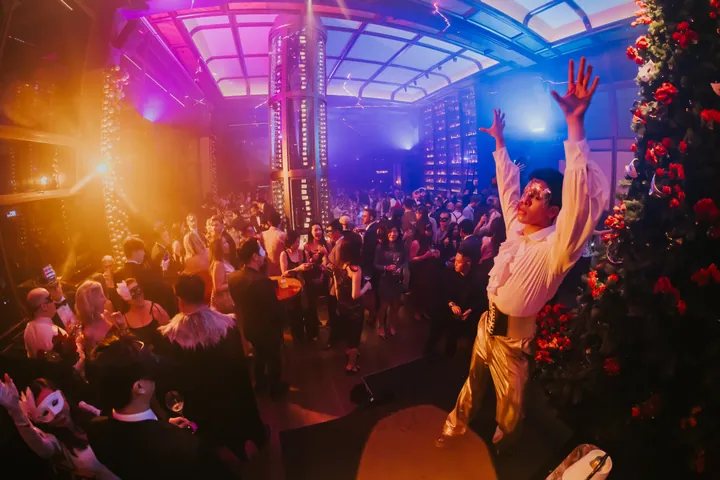 New Year's Eve 2024 · Masquerade: A performer on the tree stage above the crowd
