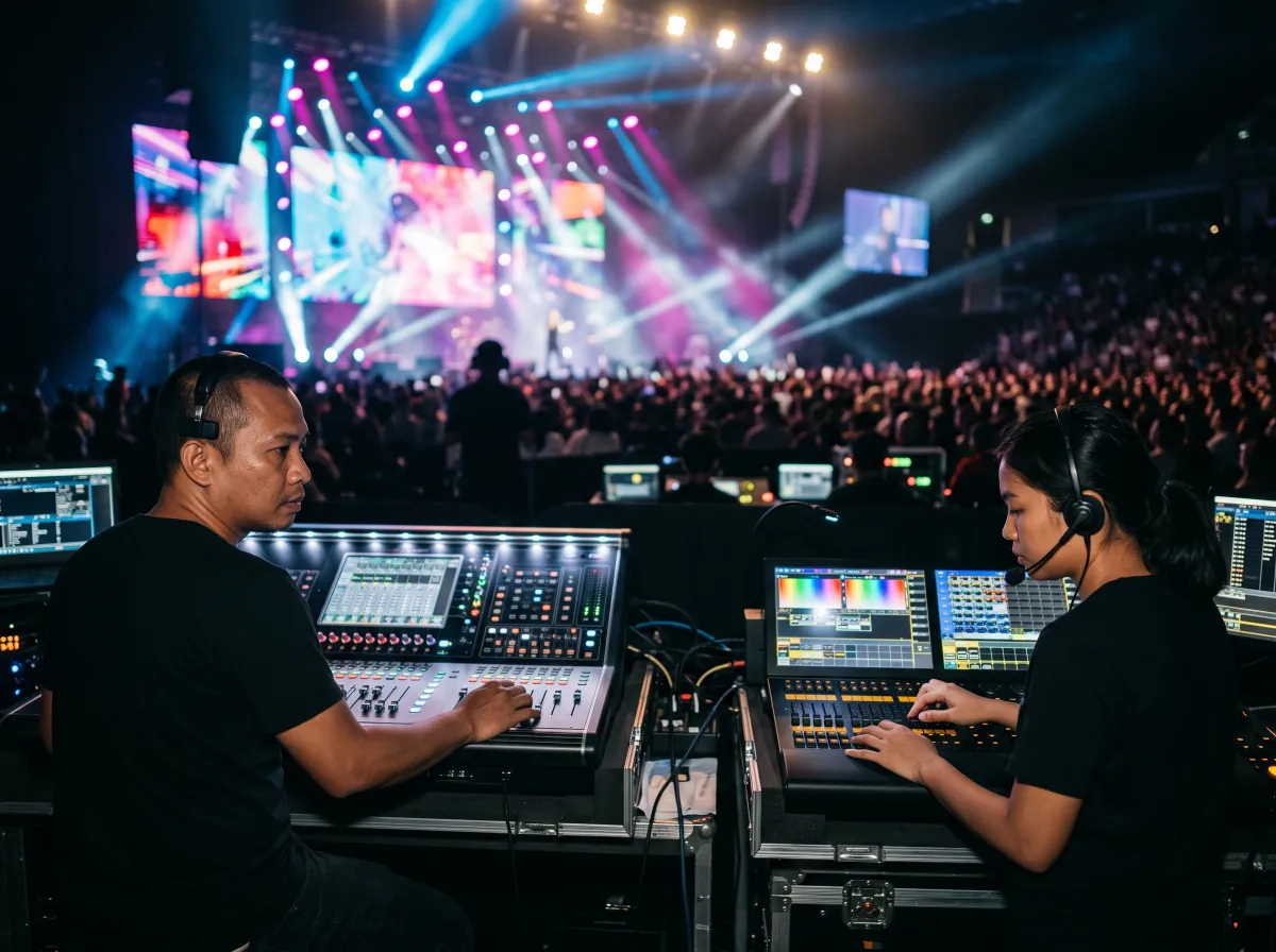 Sound and lighting engineers at the control desk during a live show