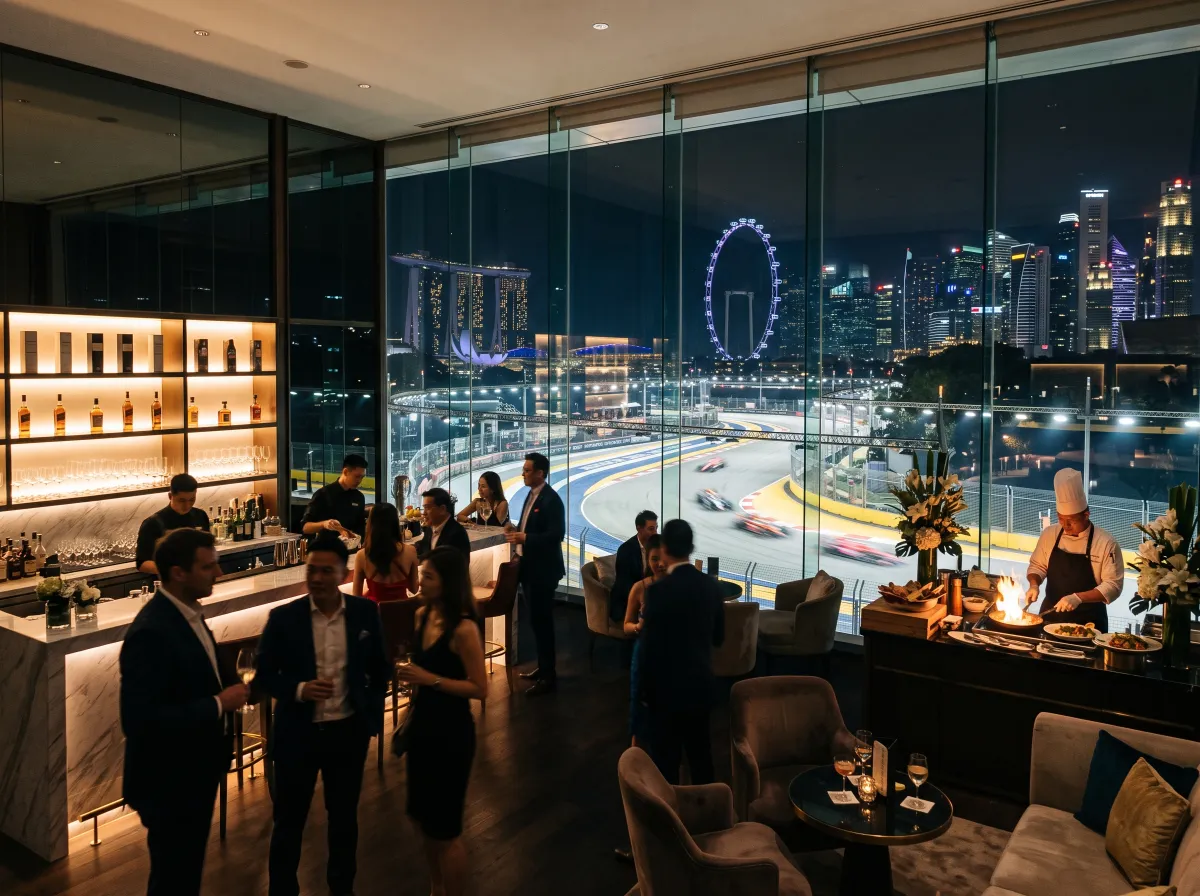 Race-week hospitality lounge at night