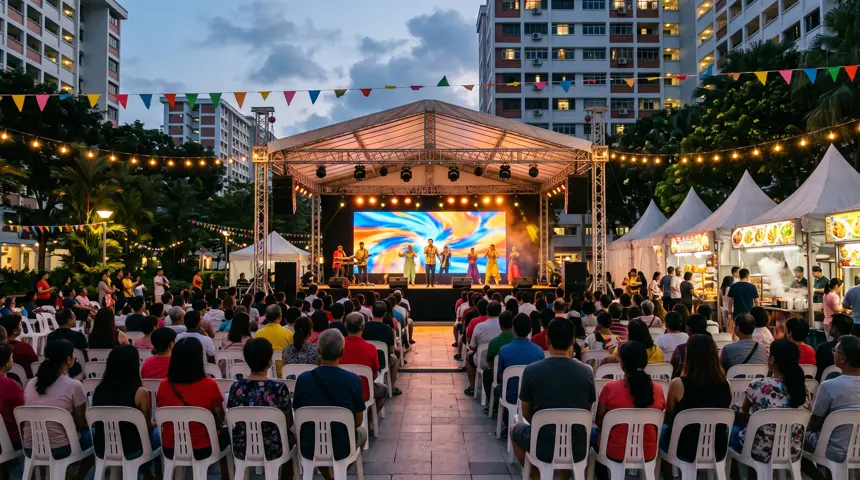 Community celebration with stage, tentage and seating in a Singapore town plaza