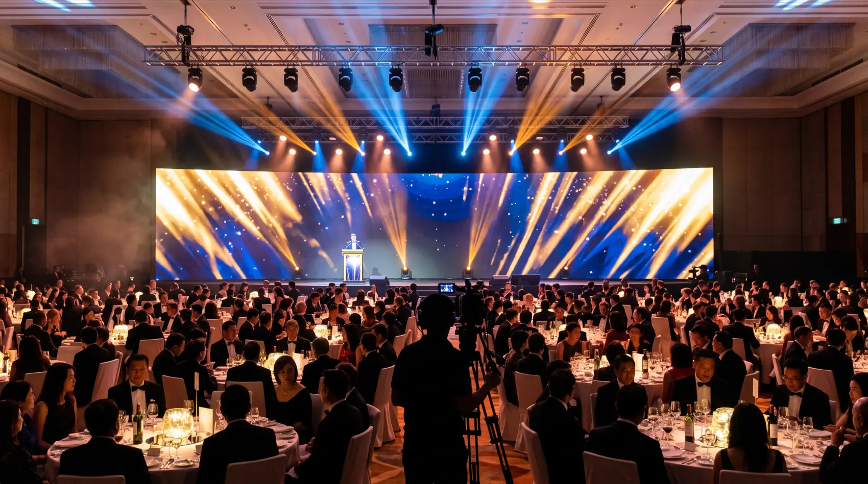 Corporate gala dinner with LED wall and stage lighting