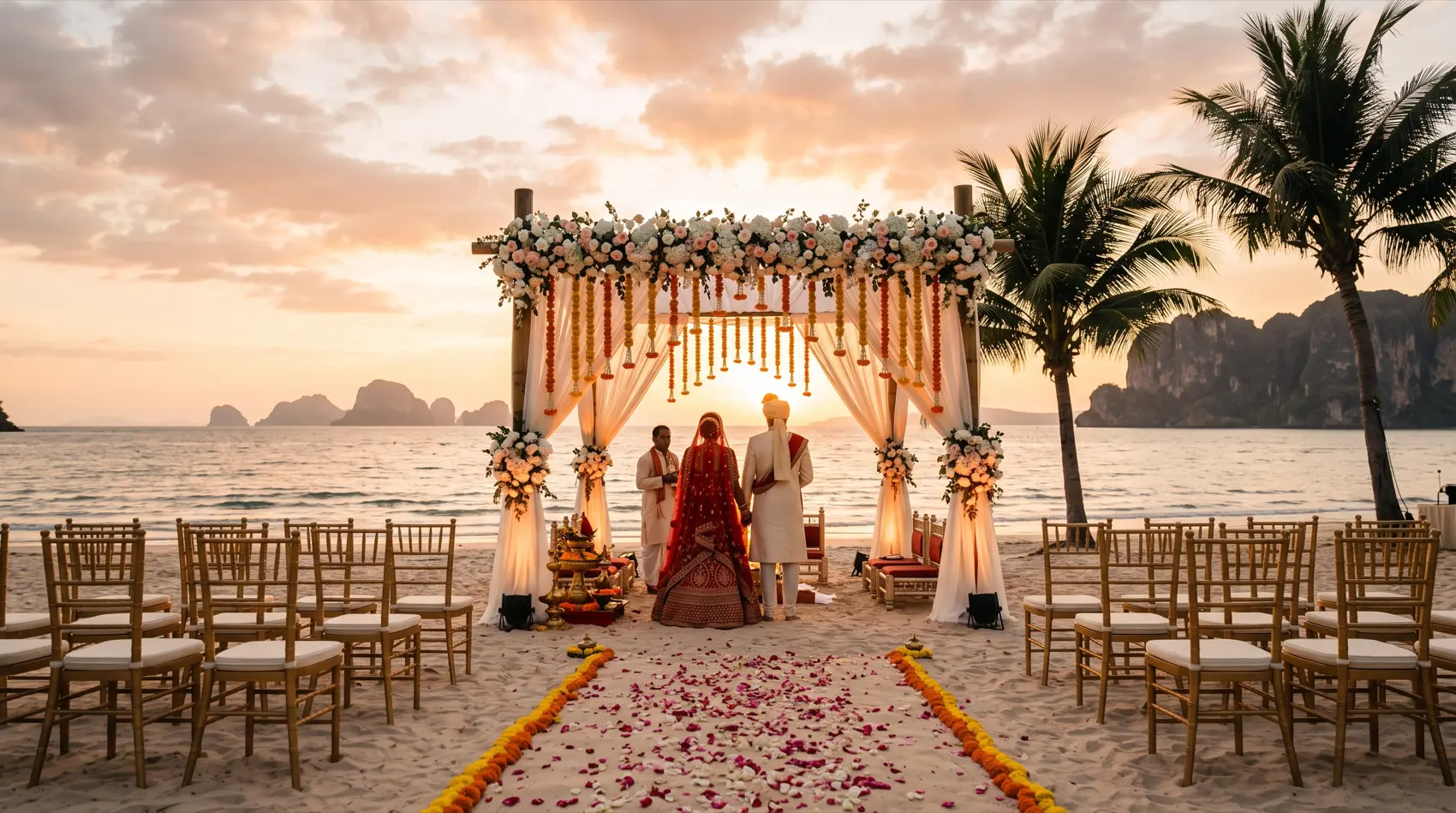 Beachfront destination Indian wedding mandap at sunset