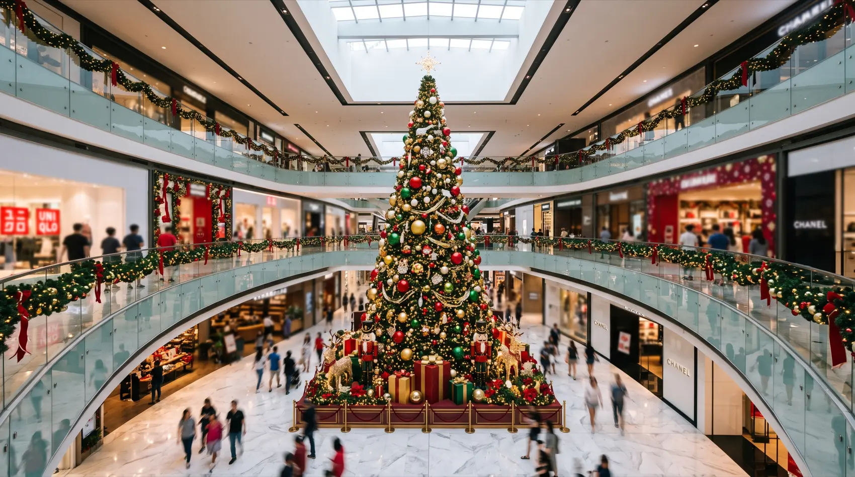 Shopping mall atrium festive Christmas decoration