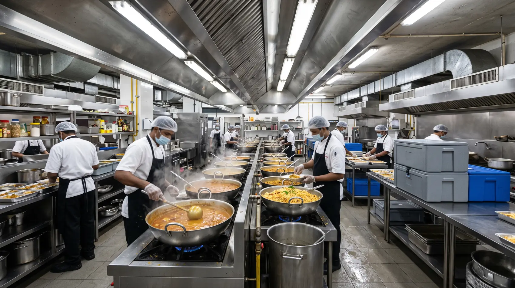 Central kitchen preparing large-scale Indian catering