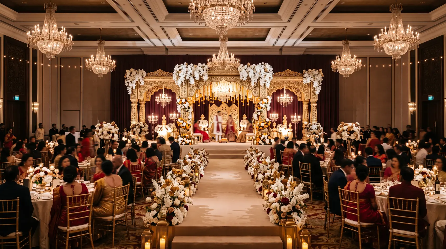 Grand Indian wedding reception in a Singapore hotel ballroom