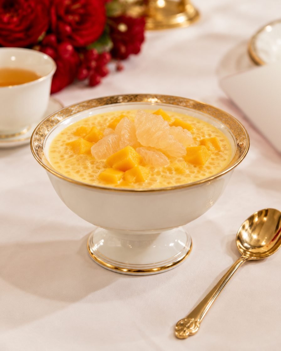 Illustrative computer-generated image of mango sago in a gold-rimmed footed bowl