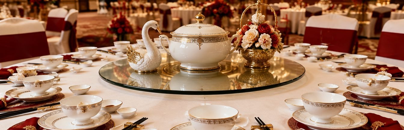 Illustrative computer-generated image of a round banquet table with a lidded soup tureen, a swan centrepiece and gold-rimmed porcelain