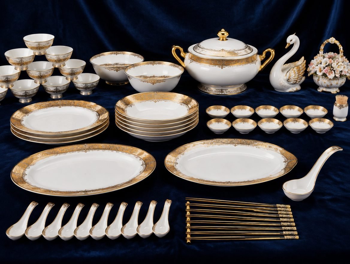Illustrative computer-generated image of the porcelain set laid out on dark velvet