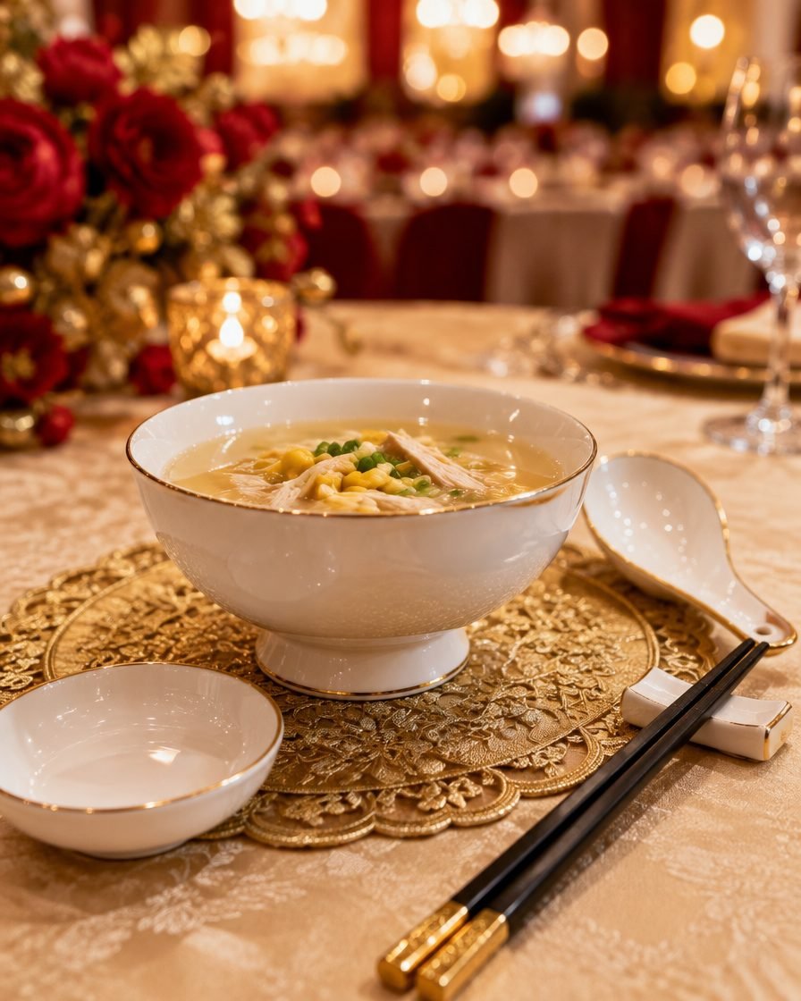 Illustrative computer-generated image of one place setting with a bowl of soup on a gold mat