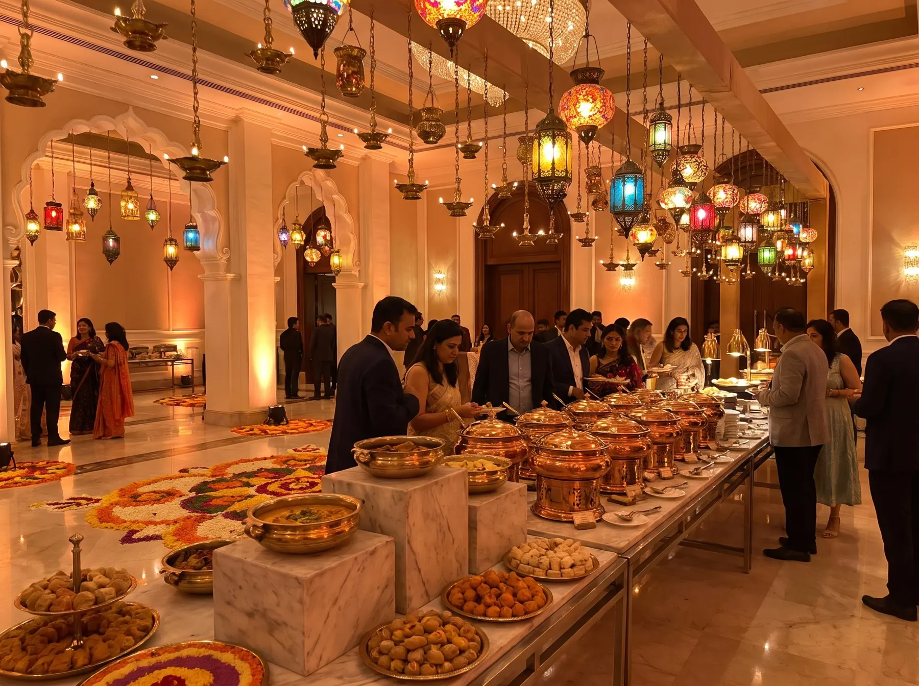 Diwali lantern bazaar buffet with brass diyas and rangoli
