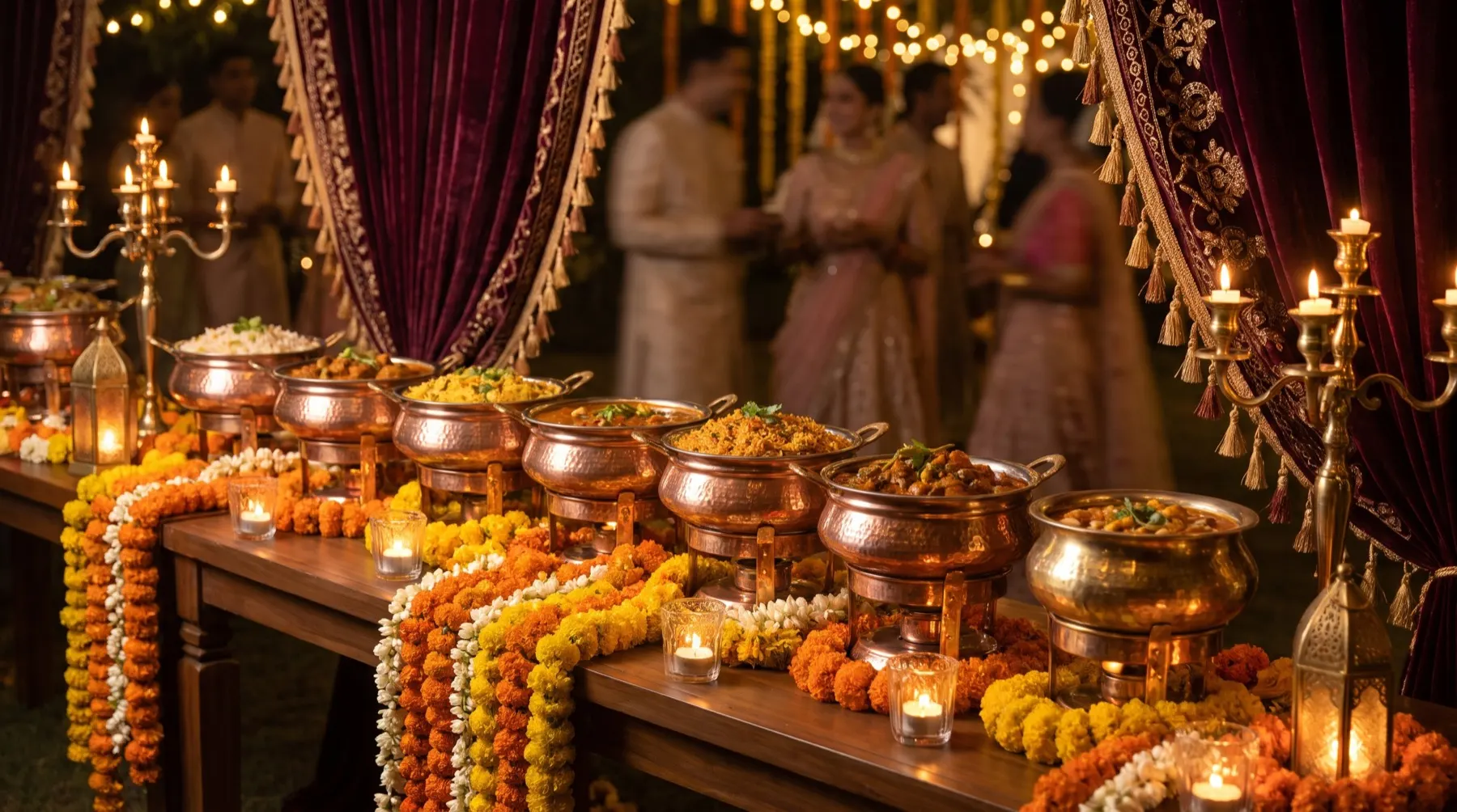 Indian event buffet with copper chafing dishes, brass pots and marigold styling