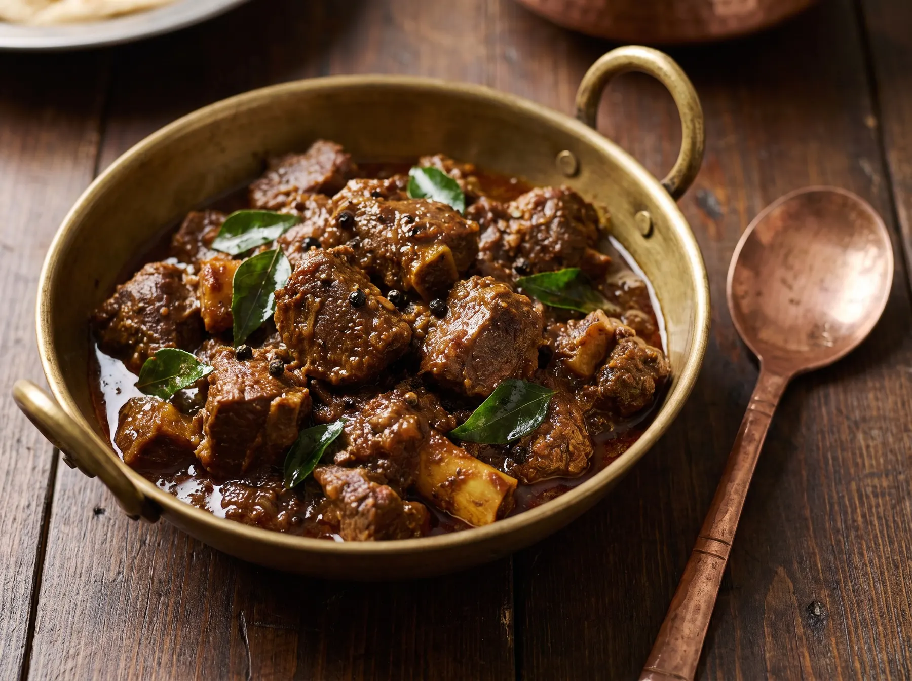 Slow-cooked lamb varuval with black pepper and curry leaves in a brass kadai
