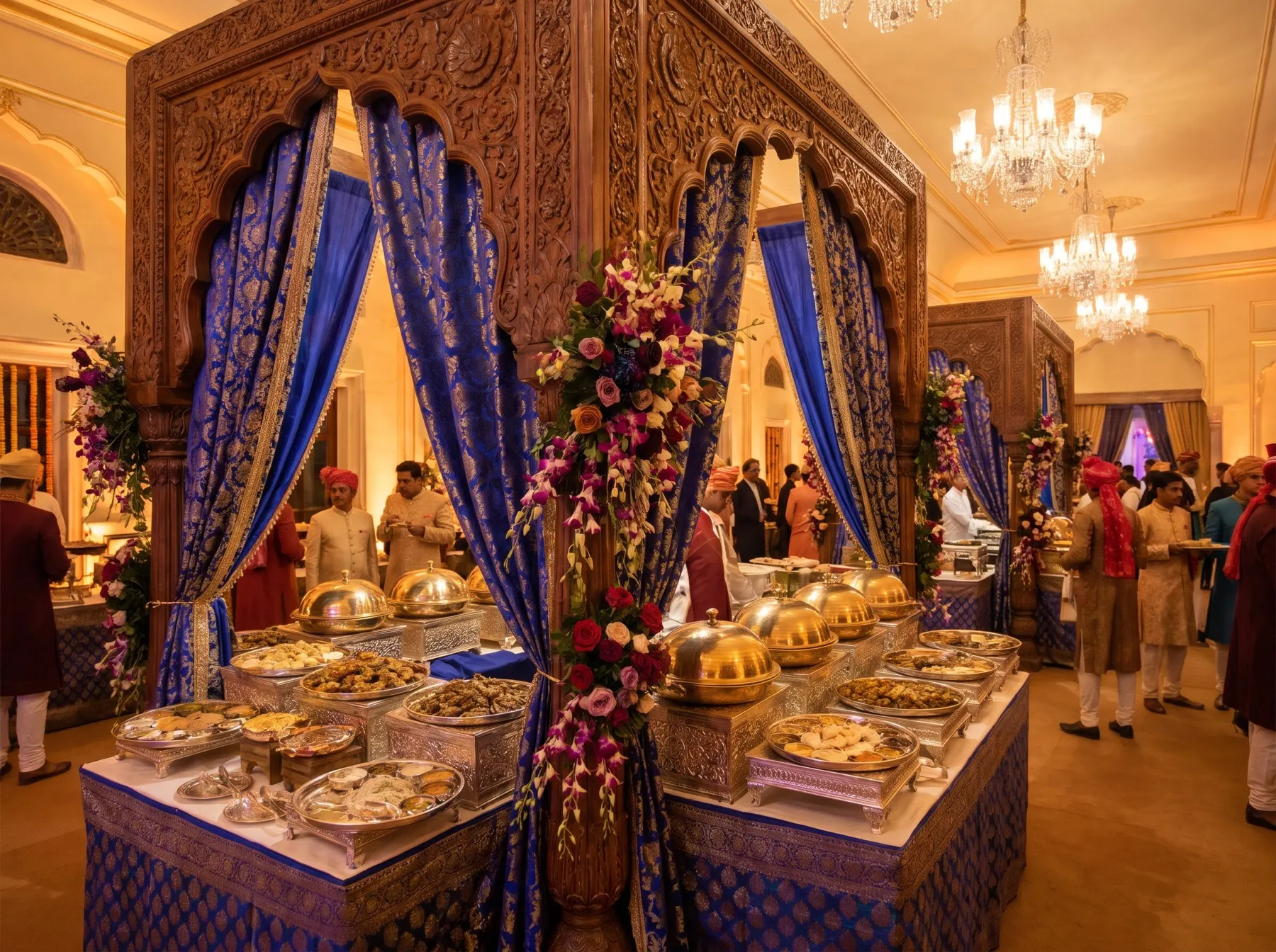 Maharaja court themed buffet with carved arches and royal blue fabric