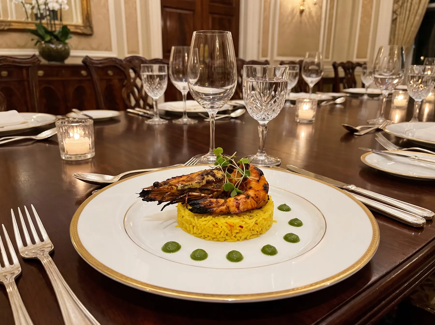 Plated tandoori jumbo prawn on gold-rim porcelain at a banquet table
