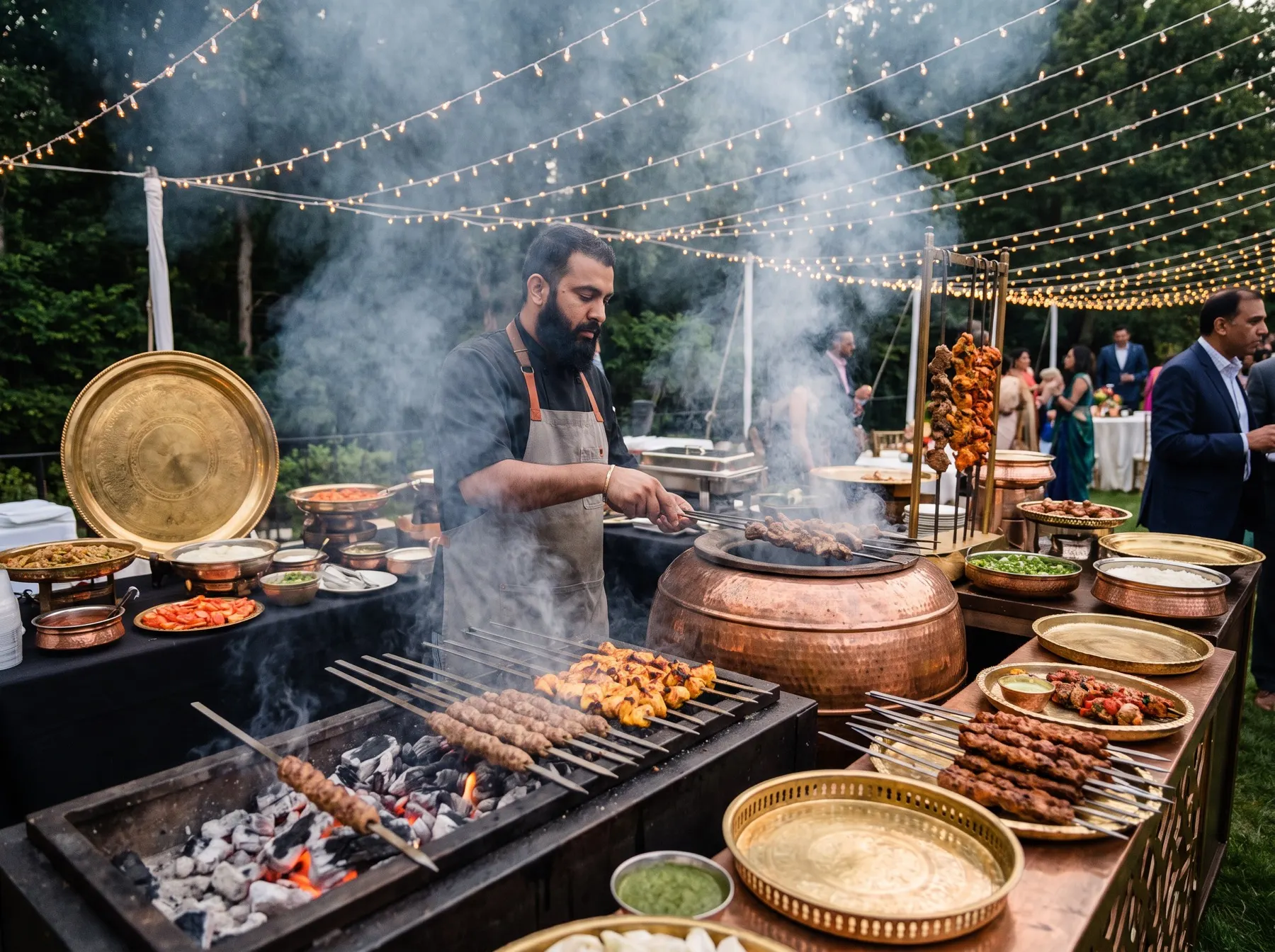 Outdoor tandoor kebab station under string lights