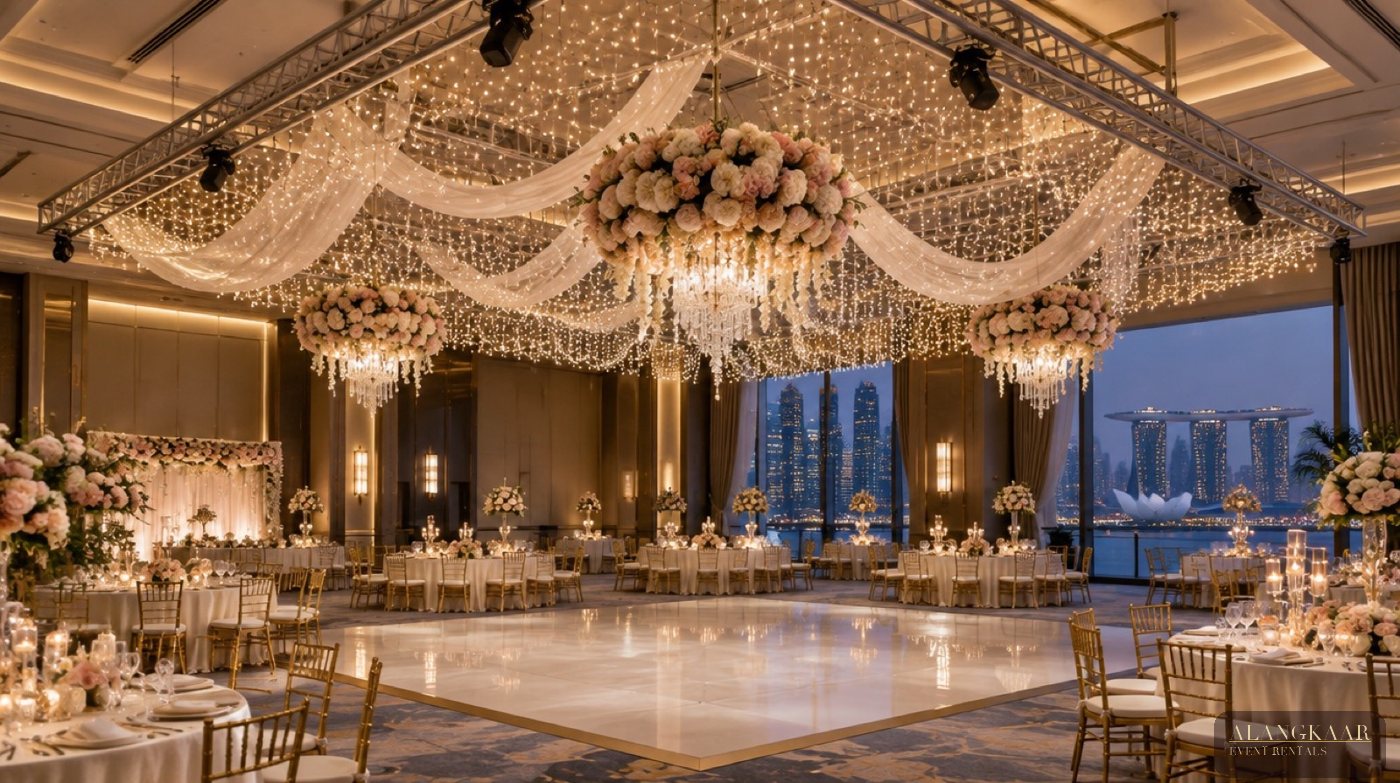 Truss ceiling decor with fairy lights