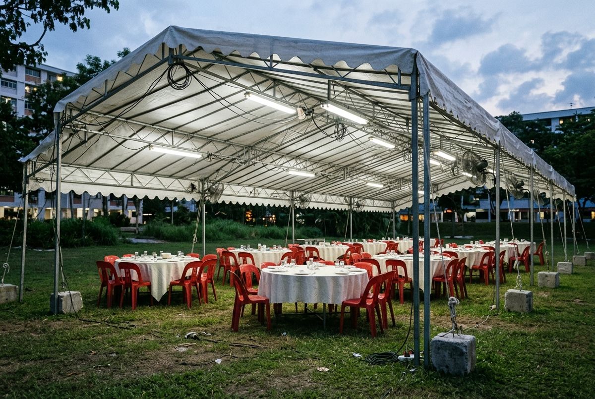 Illustration of a typical lattice-truss tentage with tube lights and plastic chairs