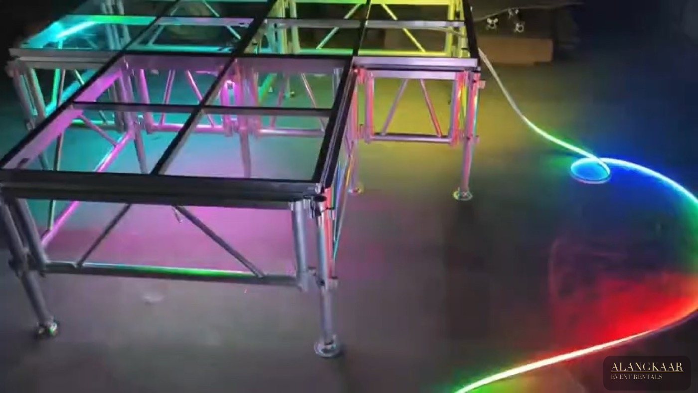 Tempered glass stage decks on aluminium truss frames