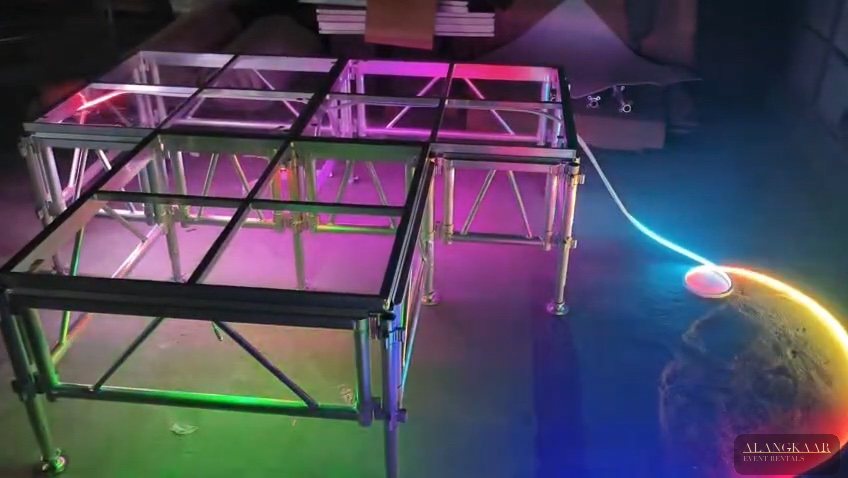 Glass stage decks with rainbow LED edge lighting