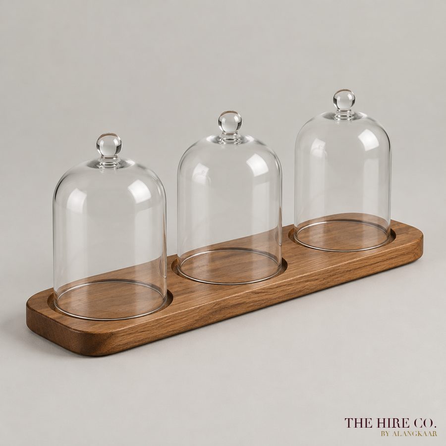 Glass Cloche Trio on Wood Base