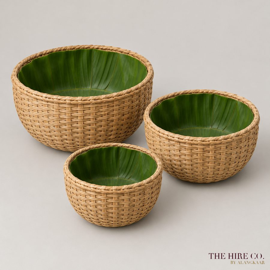 Leaf-Lined Cane Baskets (set of 3)