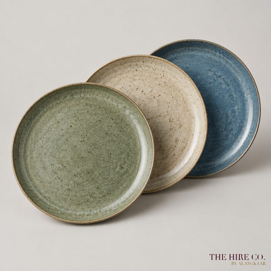 Speckled Reactive-Glaze Dinner Plate, sage / sand / ocean blue