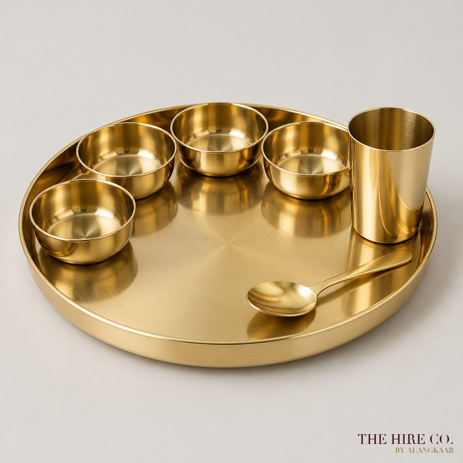 Brass-Finish Thali Set (thali, 4 katori, tumbler, spoon)