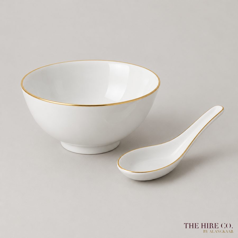 Rice Bowl & Spoon Set, gold rim