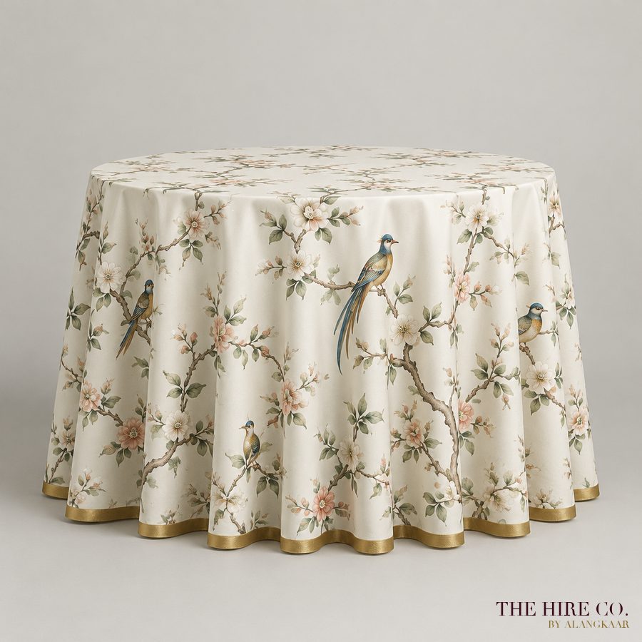 Chinoiserie Bird Tablecloth 3 m round, gold trim