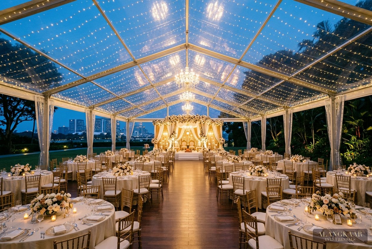 Alangkaar crystal clear-span wedding tent with fairy lights