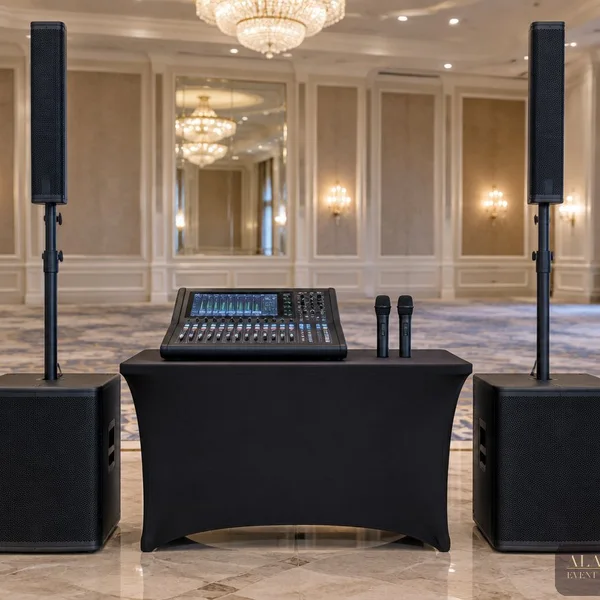 PA speakers, mixer and wireless mics