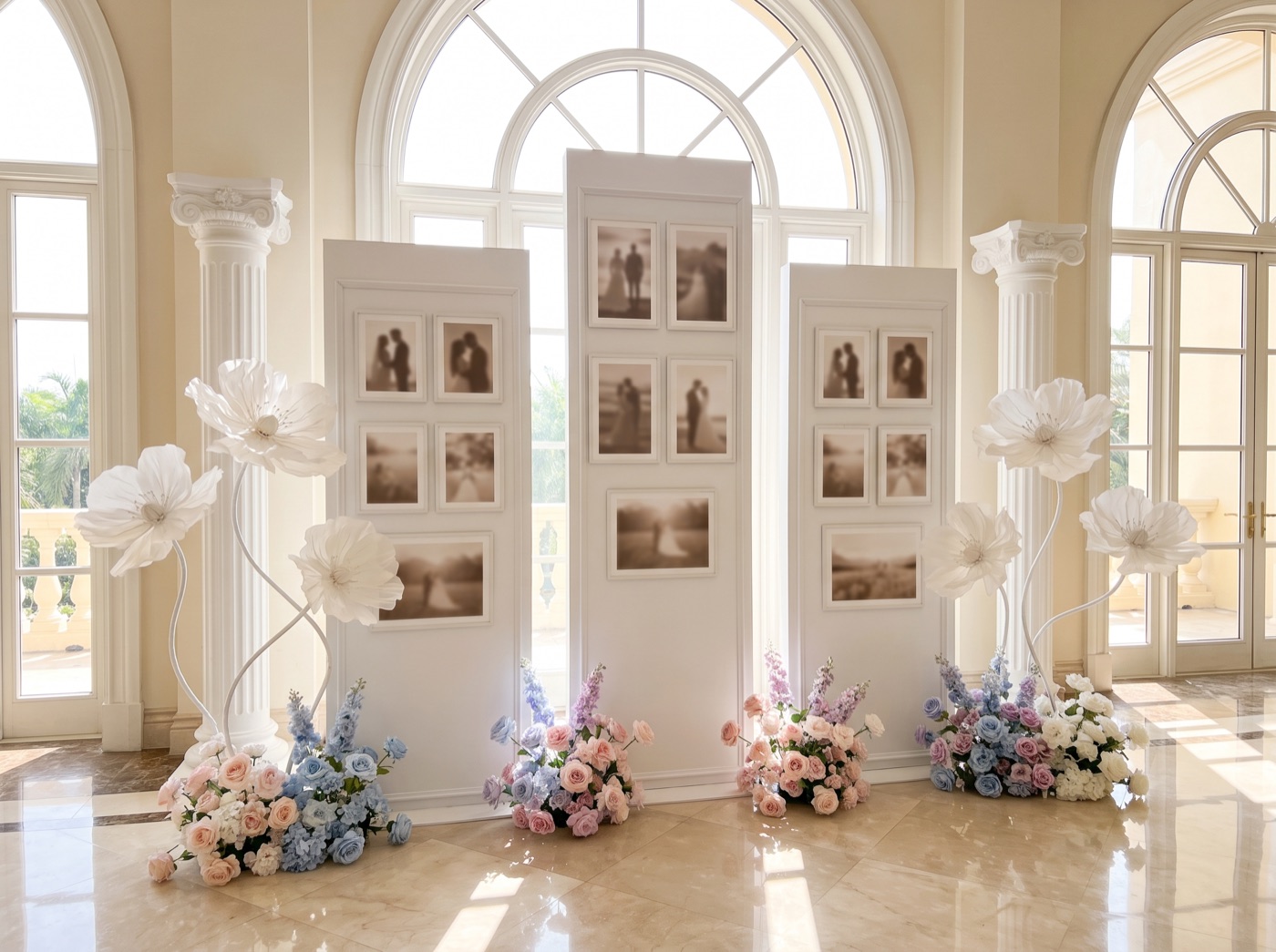 Photo gallery panels with columns, giant paper flowers and floor flower clusters