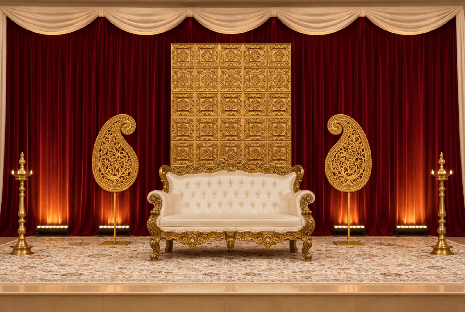 Illustrative mock-up of a 9 m maroon and gold backdrop with gold props