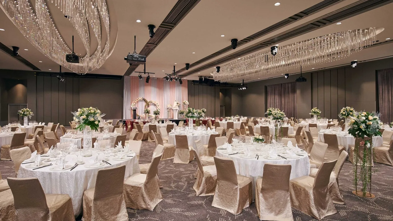 The Grand Ballroom at One Farrer Hotel set for a wedding banquet