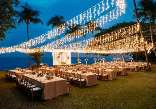Dinner under festoon lights on Rasa Lawn