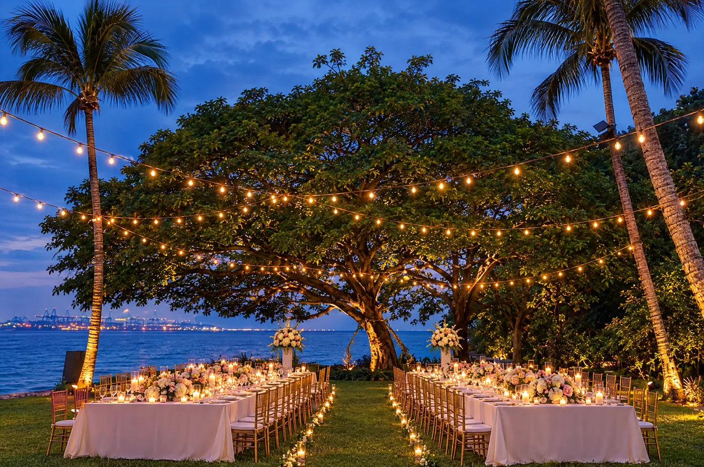 Concept: dinner on Rasa Lawn under festoon lights