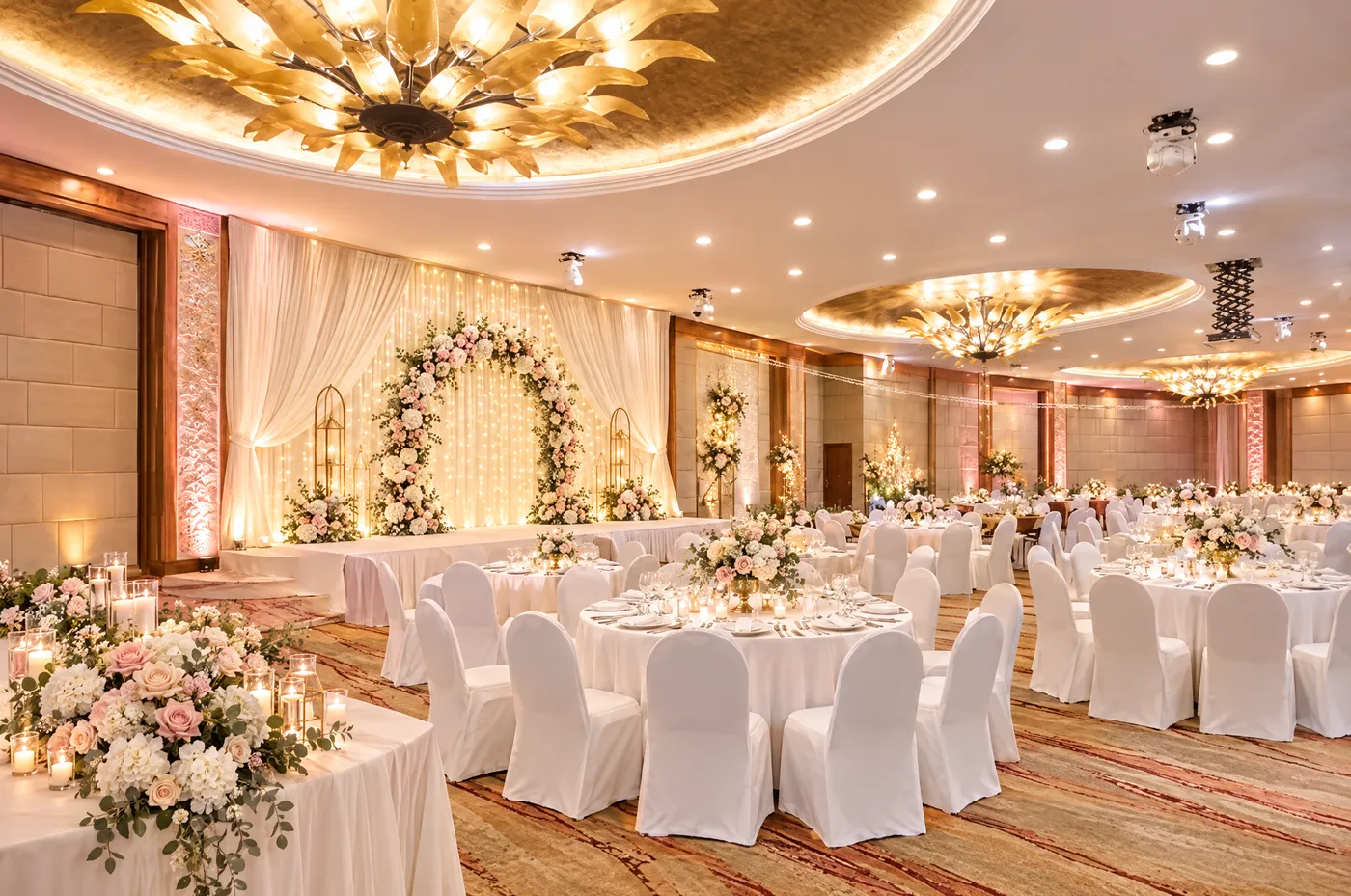 Concept: ballroom reception styling with a draped backdrop, fairy lights and a floral arch