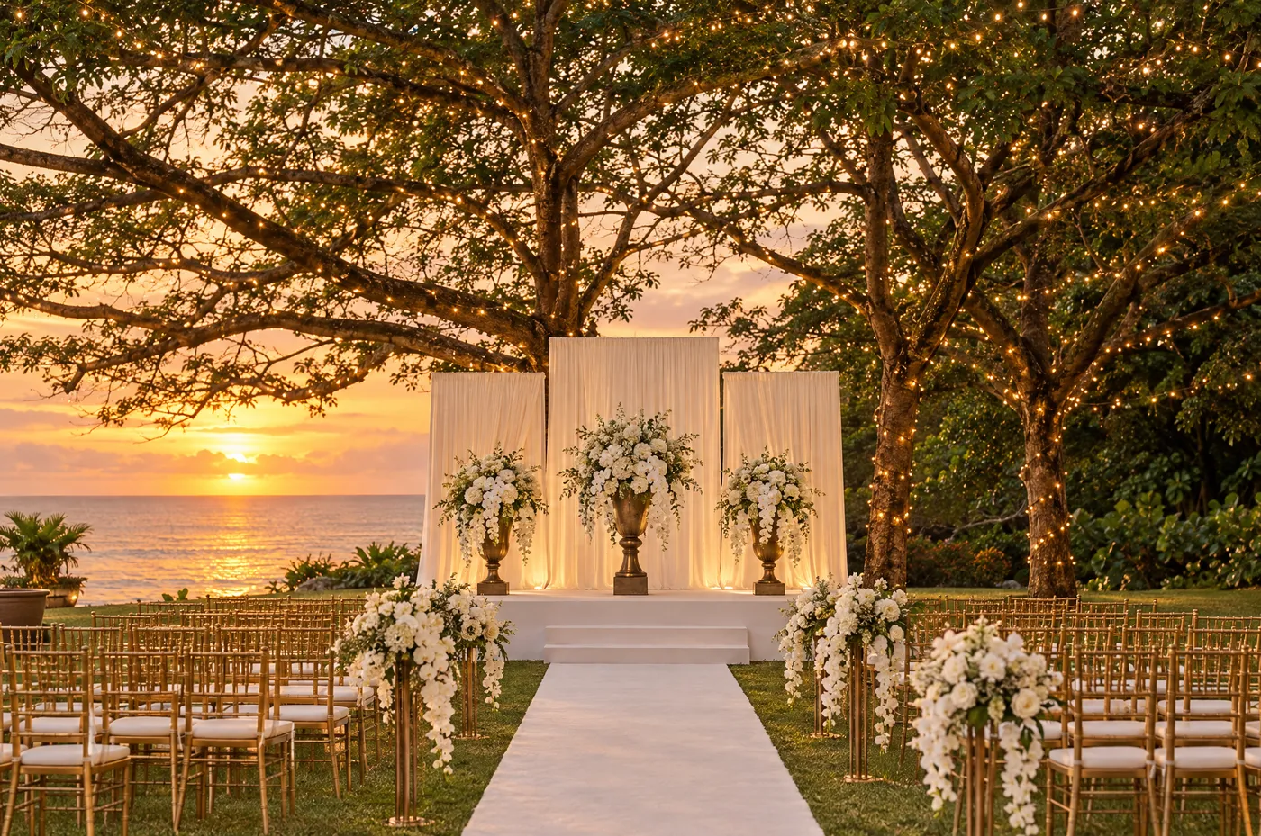 Concept: styled sunset garden stage with chiffon drapes and bronze urns