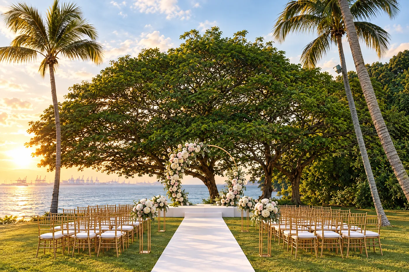 Concept: garden vows on Rasa Lawn with a floral arch, gold Tiffany chairs and a white aisle