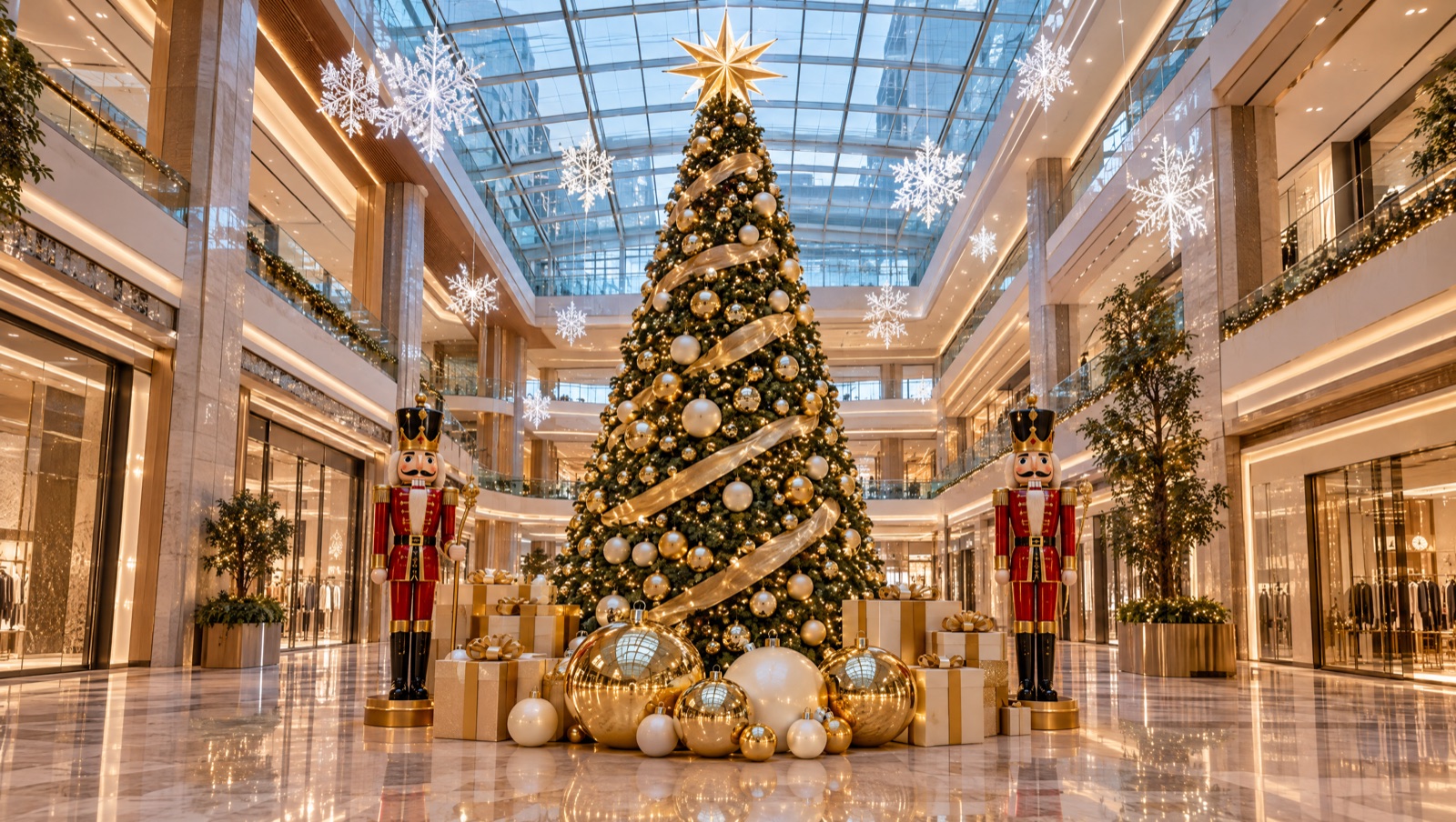 Mall atrium with a dressed 12 m tree, giant baubles and nutcracker guards — concept visual