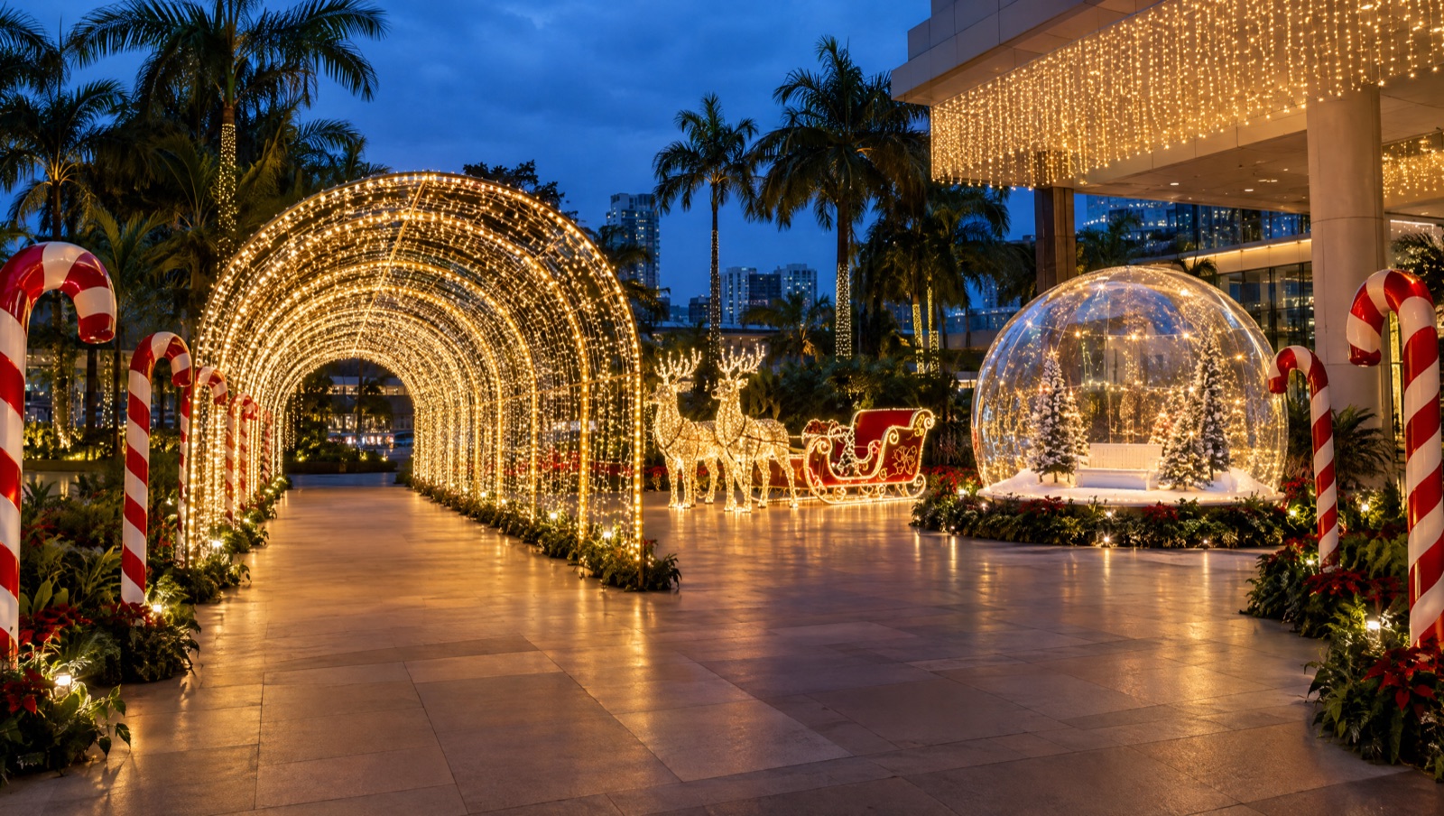 Forecourt with light tunnel, LED reindeer and sleigh, snow globe and candy canes — concept visual