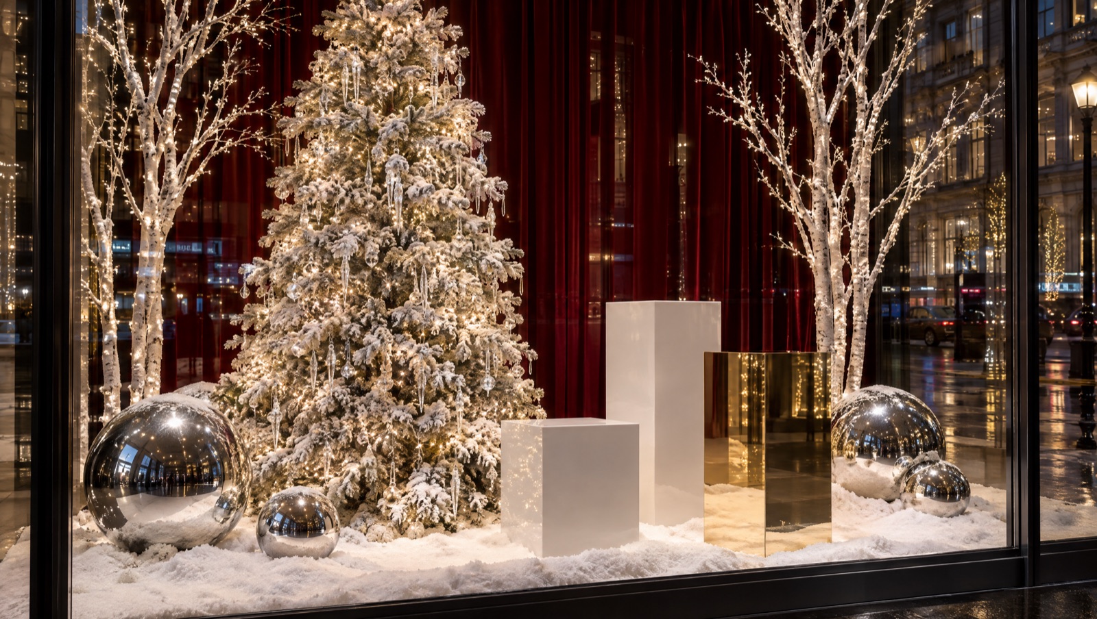 Luxury boutique window with flocked tree, birch trees, plinths and silver baubles — concept visual